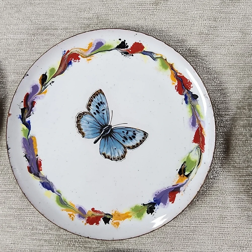 Vintage Brass and Enamel Butterfly Coaster Set Of 6 Cottagecore Boho Decor